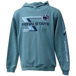 denim blue hooded sweatshirt with retro Penn State University, Athletic Logo and Nittany Lions down sleeve